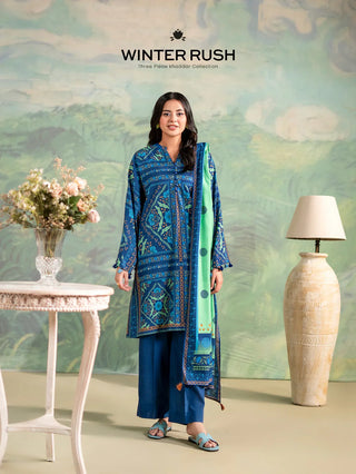 Blue Printed 3PC Unstitched Khaddar Dress for Women