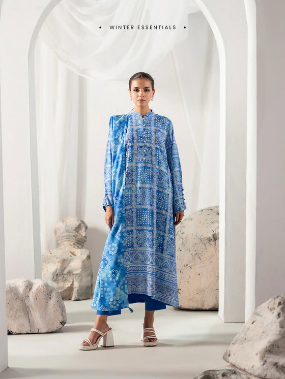 Blue Printed Unstitched Linen 3PC Dress