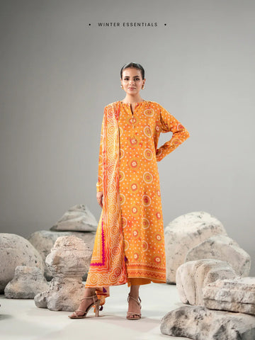 Orange Printed Unstitched Linen 3PC Dress